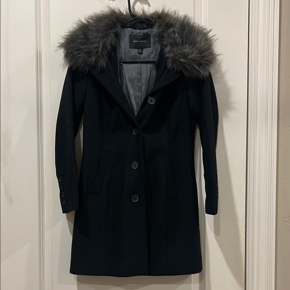 Banana Republic Black Coat with Faux Fur Trim - PETITE XXS / Kids